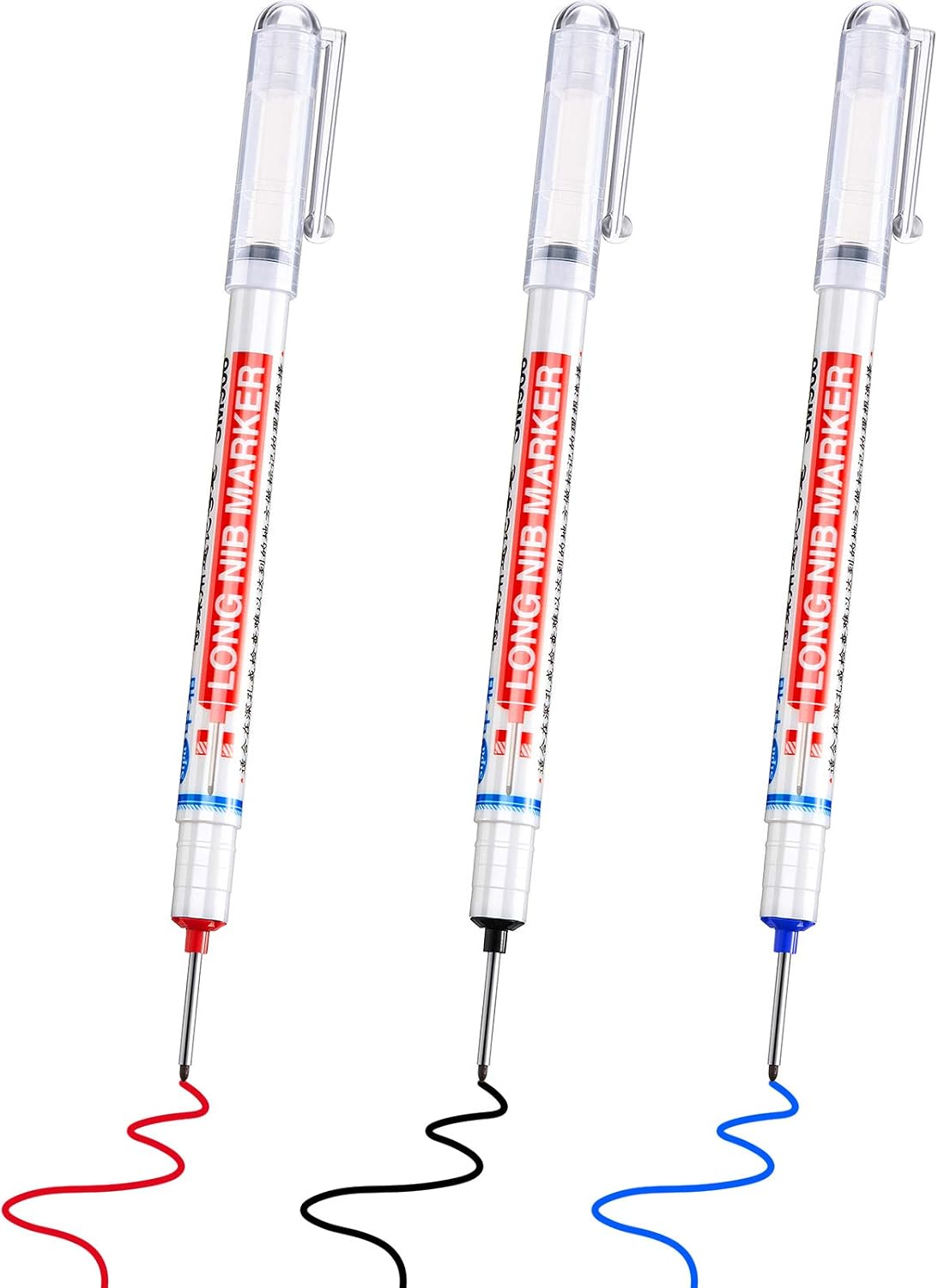 3 Pieces Multi-Purpose Deep Hole Pens Deep Drill Hole Long Nib Deep Hole Pens Colorful Carpenter Pen for Bathroom Woodworking Hardware Decoration, Red, Black, Blue