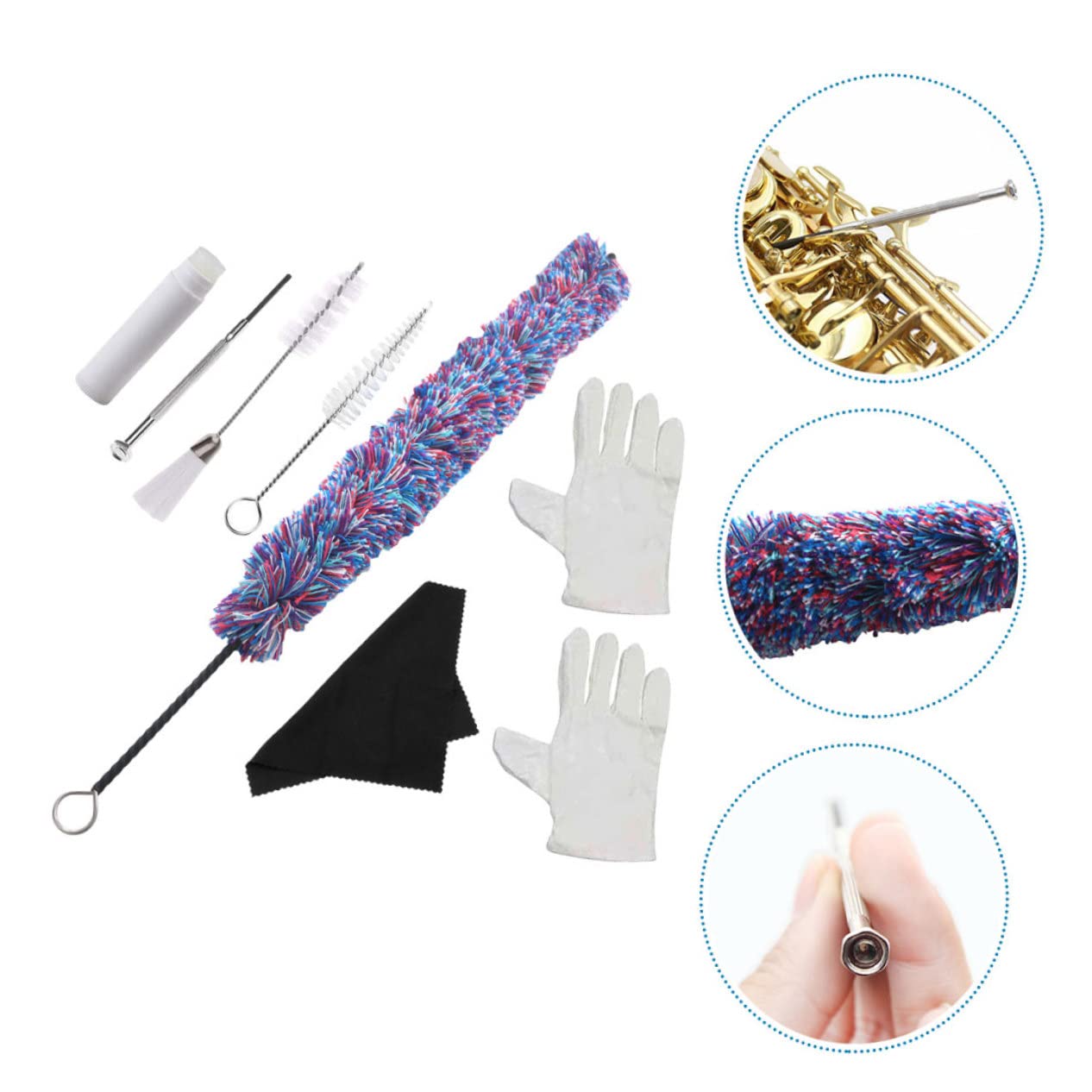 Milisten 3juegos Herramientas De Limpieza Para Saxofón Paño Hidrofílico Cepillo y Guantes Para Cuidado De Instrumentos Musicales