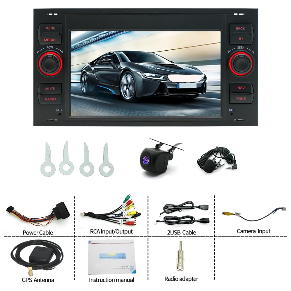 Radio samochodowe 4 + 64 G Android 14 do Ford C-MAX 2006 2007 2008 2009 2010 z Carplay Android Auto podwójne radio DIN, ekran dotykowy 7 cali, nawigacja GPS, WiFi, Bluetooth, RDS, radio SWC, mikrofon