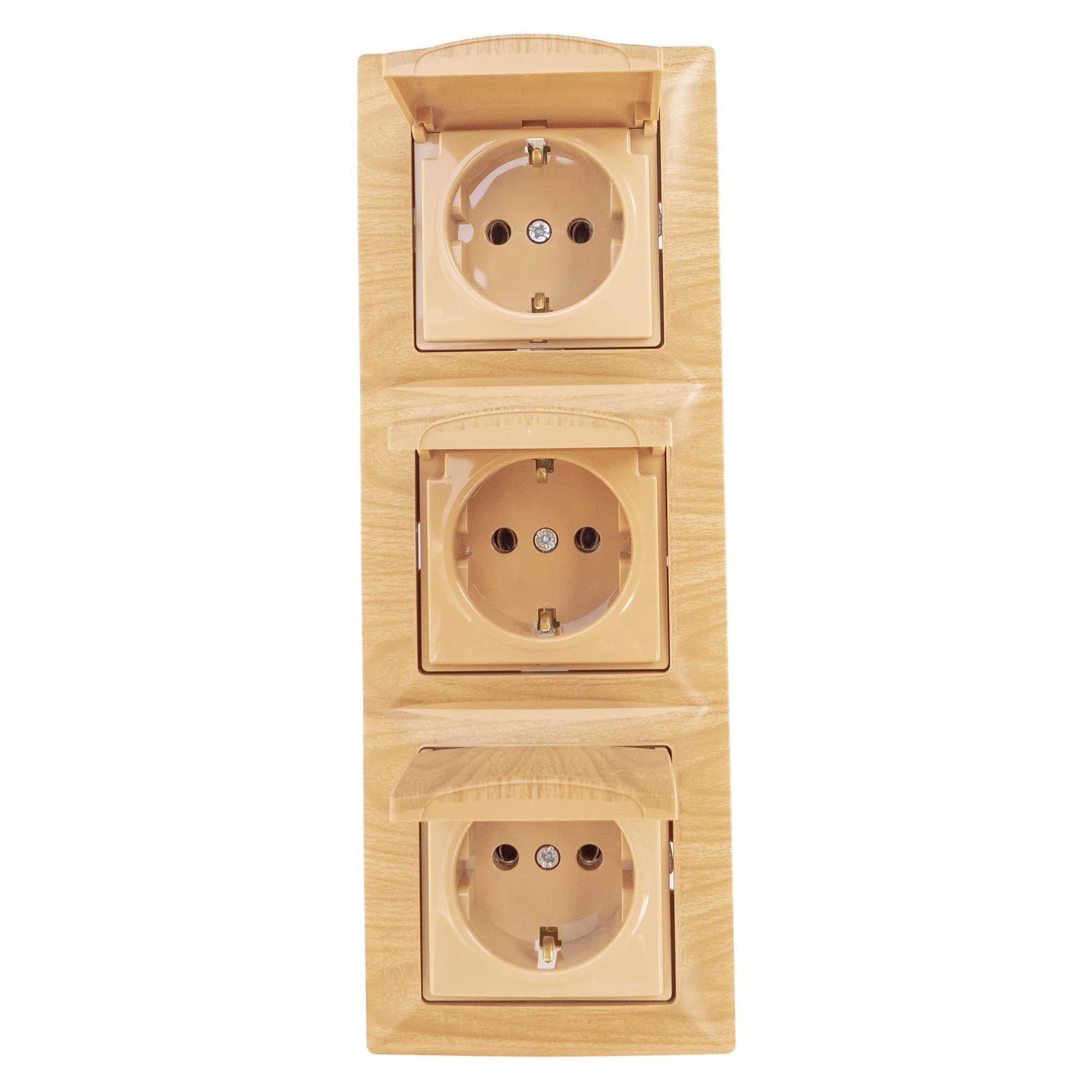 GUNSAN Visage 3er 3-fach Steckdose mit Deckel und Rahmen SET Schutzkontakt Steckdose Unterputz Holz-Optik Beige