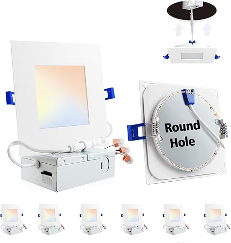 Adetu Iluminación empotrable de 6 pulgadas, paquete de 6 luces de techo empotrables cuadradas ultrafinas de 5CCT con caja de conexiones, 1190LM,