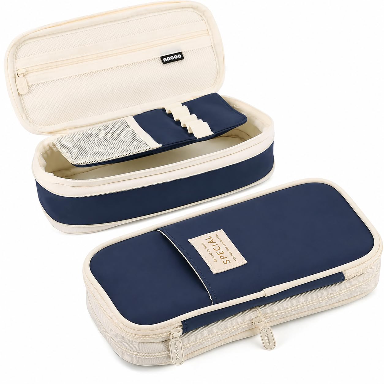 PRANIJ Cute Aesthetic Large Capacity Expandable Pencil Case Pouch with Zipper Portable Office Stationery Desk Organizer for School Collage Boys Girls Adults Women Men (Navy Blue)-image-41