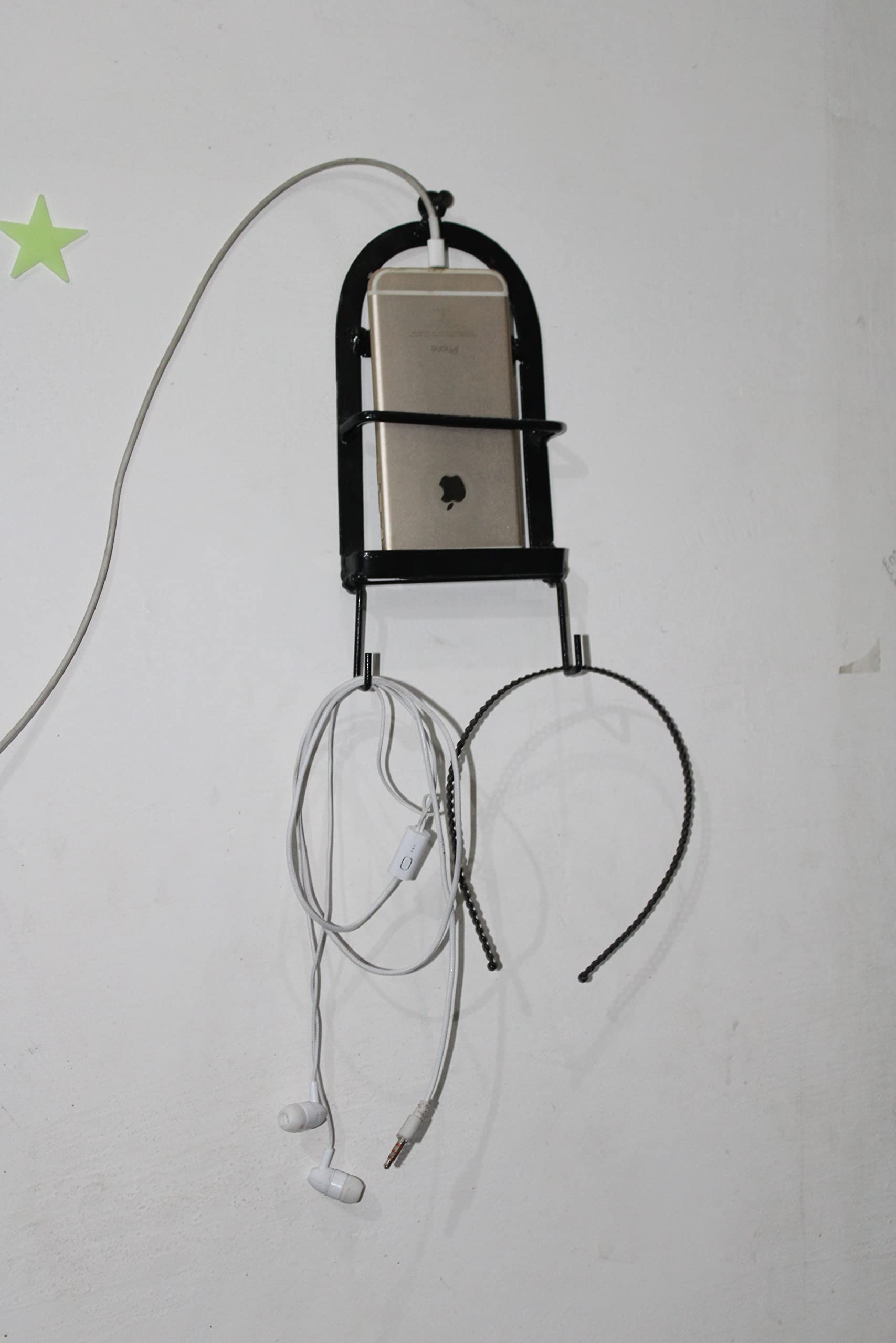 PREDELLAPREDELLA Iron Wall Hanging Mobile Holder Cum Key Holder with Iron Adorable Strip Charging Holder Compatible with iPhone, Smartphone/Multipurpose Wall Hanging Organizer (Black)