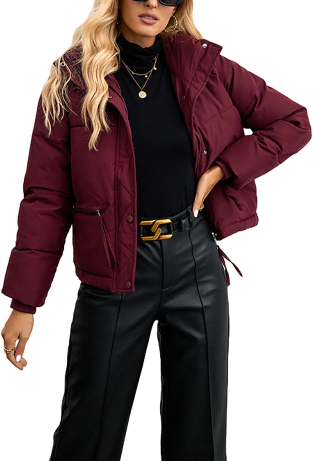 YoisdtxcWomen's Winter Warm Short Jacket Stand Collar Solid Color Zip Puffer Jacket Baggy Short Padded Down Coats