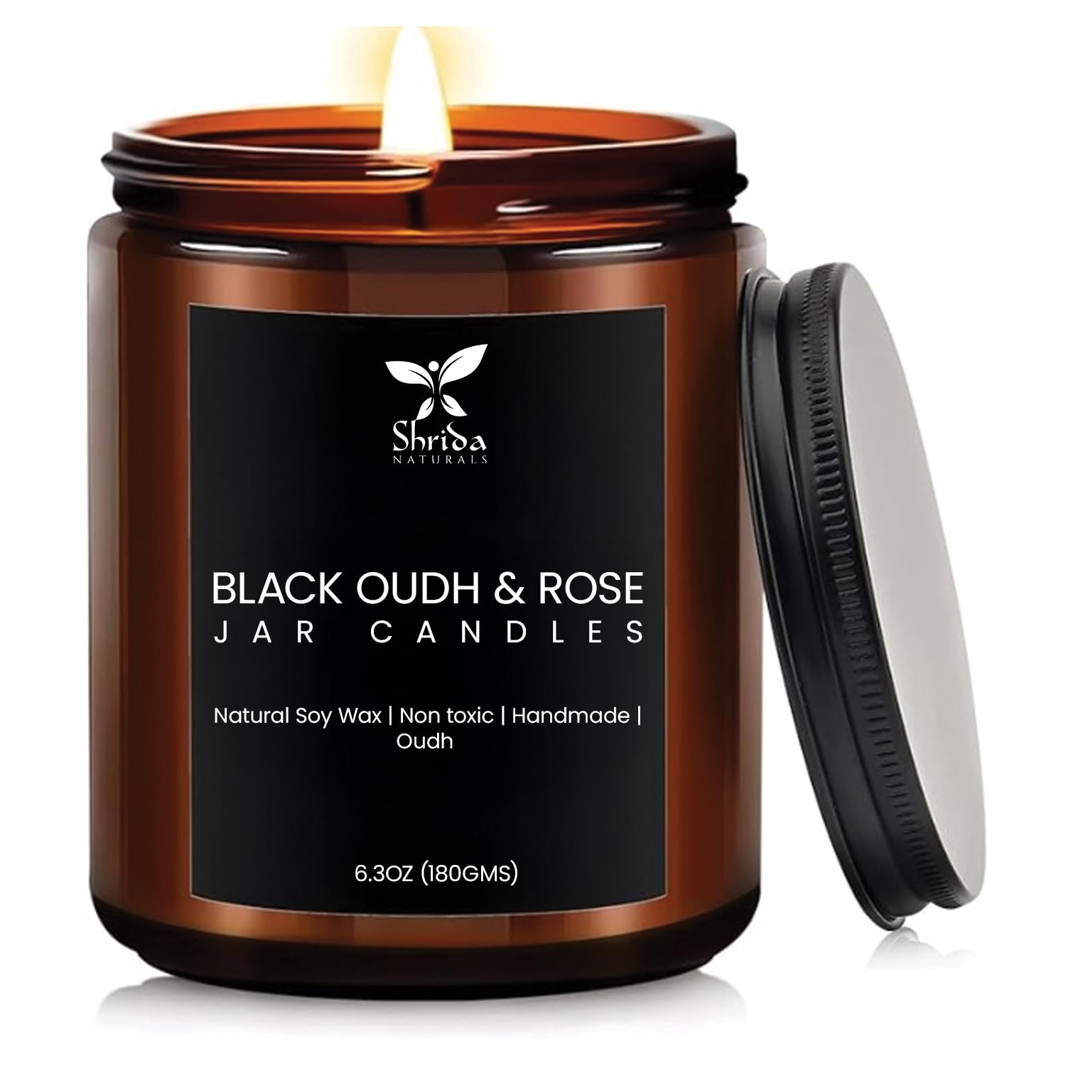 Shrida Naturals 100% Natural Soy Jar Candle 180g (6.3oz) | Oudh Scented | Aromatherapy Soy Wax Candle | Long Lasting 40+ Hours Burn | Non-Toxic, Smokeless | Home Decor & Gifting | Luxury Fragrance-image-1