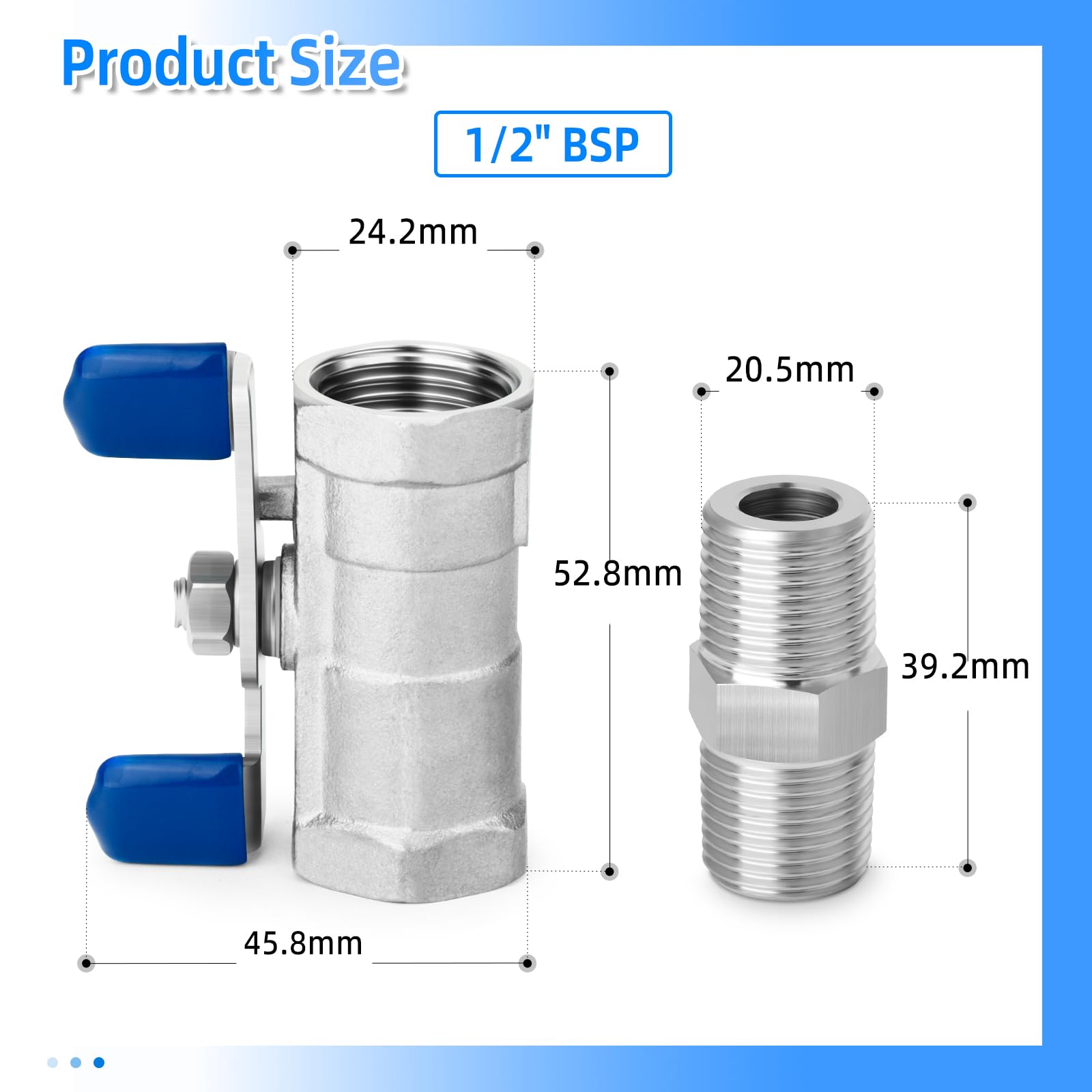 2 PCS 1/2" BSP Female Mini-Ball Valve Shut-Off Switch, 304 stainless steel fittings for water, air and industrial use