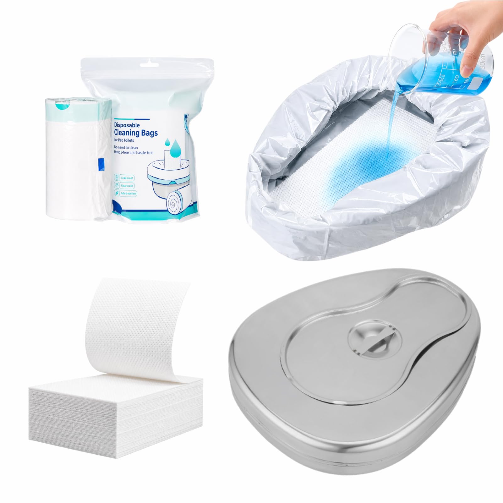 Edelstahl Bettpfannen-Set mit 40 Einwegeinlagen & 40 saugfähigen Pads, tägliche Hilfe für ältere Männer und Frauen, Heim & Pflegezentren (Edelstahl mit Deckel)