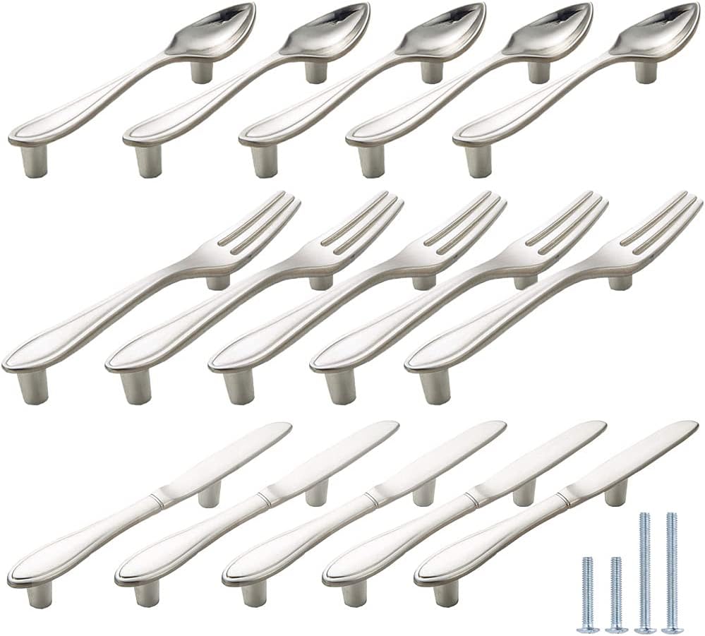 CENDGOOD AchNau Cabinet Door Pulls Tableware Handles Spoon Knife Fork Shape Kitchen Cupboard Dresser Closet Drawer Hole Center 3" Silver Pack of 15