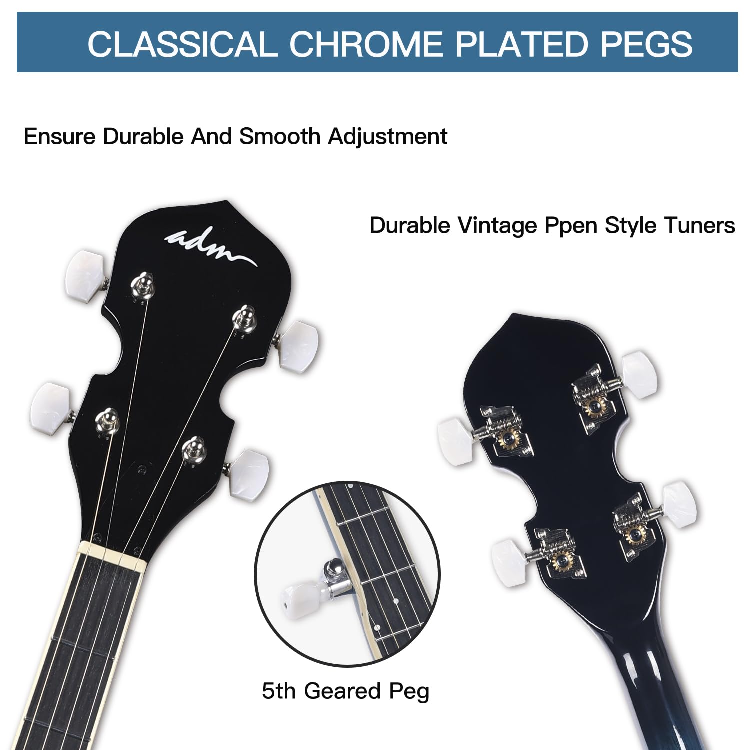 ADM Banjo-Set mit 5 Saiten, volle Größe, 96,5 cm, Remo Drum Geared 5. Stimmgerät, Anfänger-Banjo-Set mit Resonator, offen, geschlossener Rückseite, Geschenkpaket, kostenloser Unterricht,