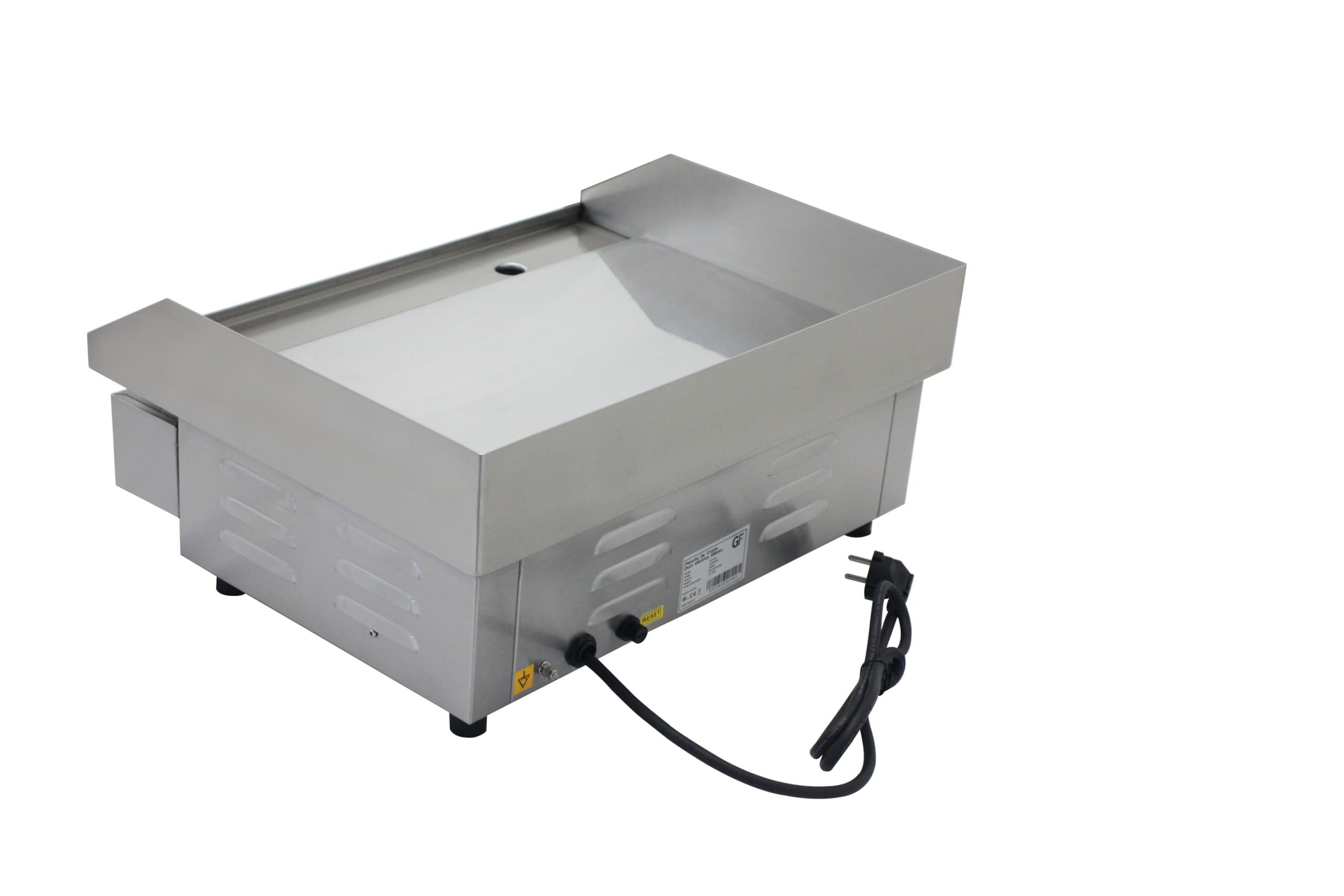 Plancha Industrial electrica de cromo duro con termostato 550 X 430 X 252 mm para Cocina Profesional, Acero Inoxidable, Encendido Piezoeléctrico, Cajón Recograsas