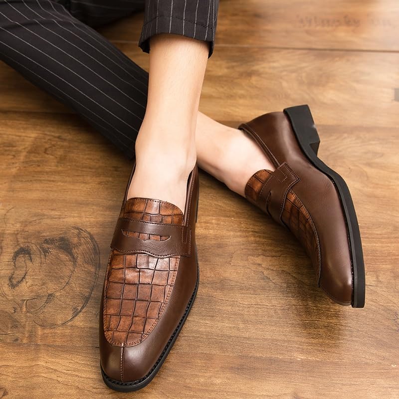 Dress Shoes for Men Slip On Round Toe PU Leather Patchwork Penny Loafer Rubber Sole Anti-Slip Low Top Block Heel Working4