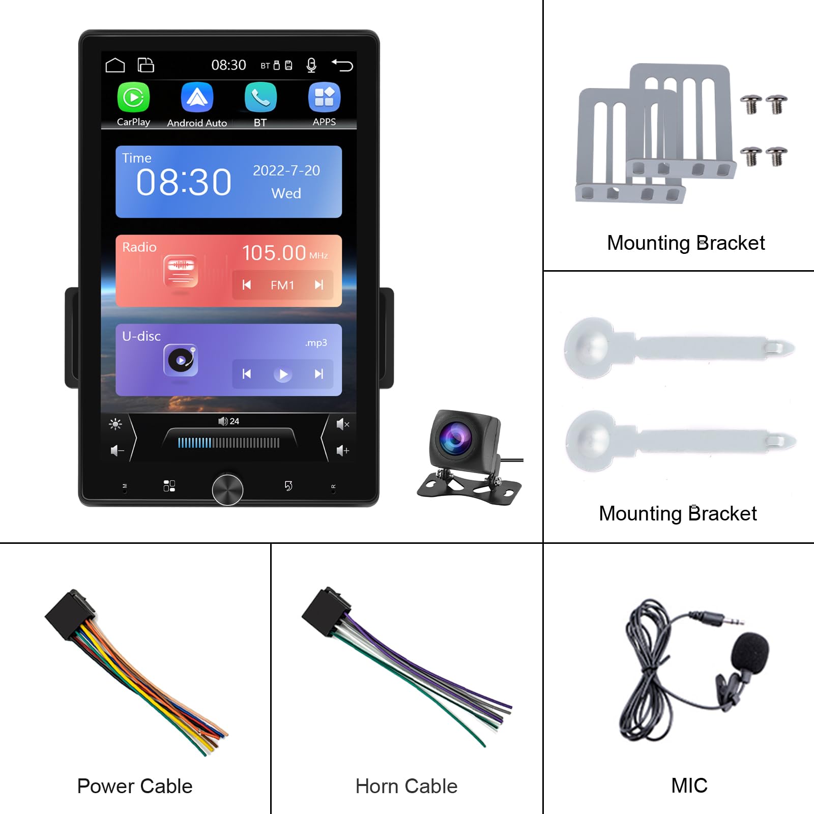 SIXWIN Radio Coche Bluetooth con Carplay et Android Auto, Autoradio 1 DIN con 10.4''Pantalla Táctil Reproductor Multimedia con FM/USB/SD Enlace Espejo+Cámara Visión Trasera