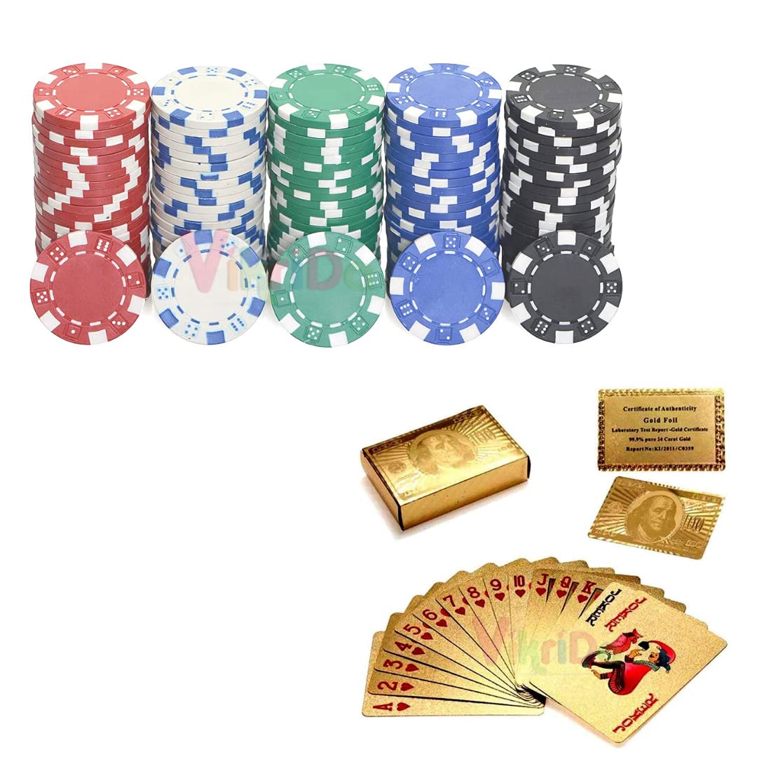 VikriDA Casino Style Poker Chips Set, Heavy 11.5 GMS Poker Chips (300 Chips with Gold Cards)
