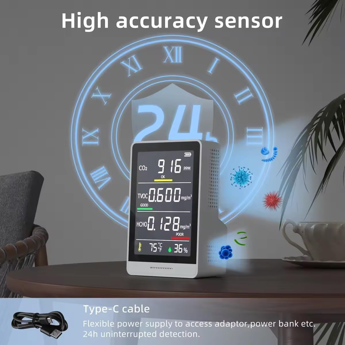 5-in-1 Professional Indoor Air Quality Monitor Indoor Portable CO2 Monitor | Temperature | Formaldehyde Detector | Humidity TVOC | Air Quality Tester - Confined Space Clean Air Monitor (Ash Gery)