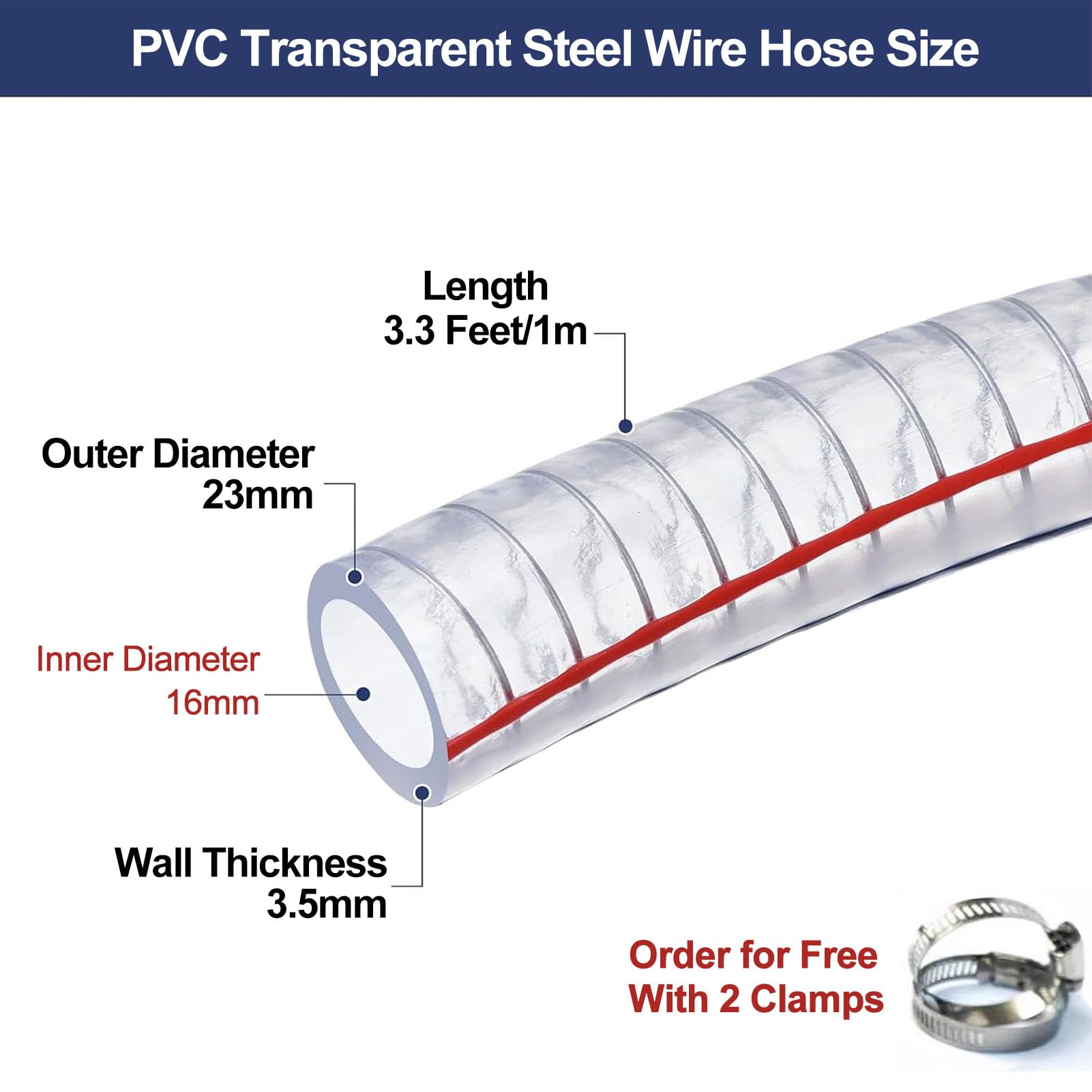 Tubo de PVC reforzado con alambre de acero. Manguera de alambre acero en espiral PVC 16 mm diámetro interior y 1 m. Incluye 2 abrazaderas. Varios tamaños(Wall Thickness 3.5mm)