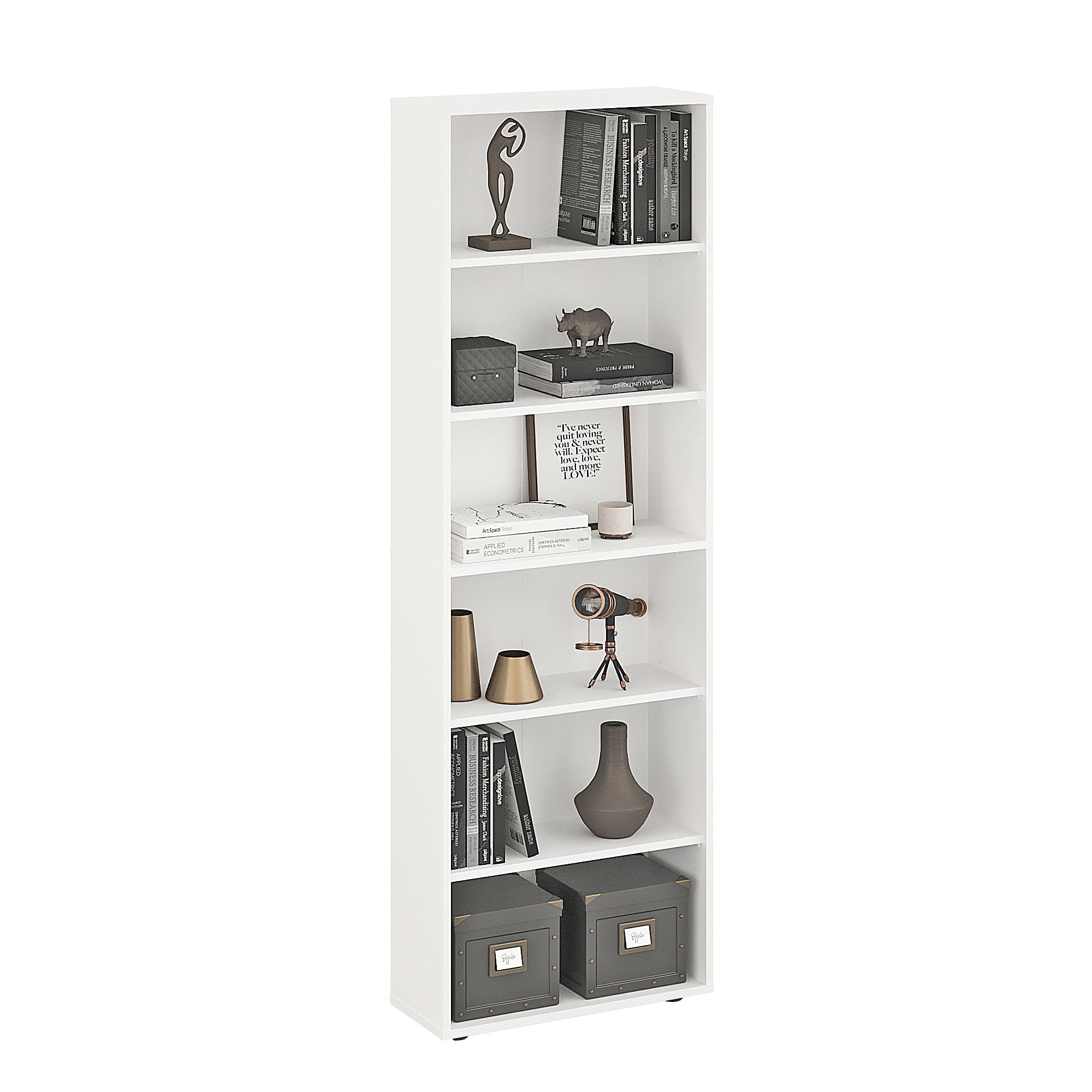 Komto White Bookcase Tall - 6-Tier Book Shelf Unit Freestanding, Ideal for Storage in Living Room, Bedroom or Home Office | Lumo 60 x 180 x 24 cm