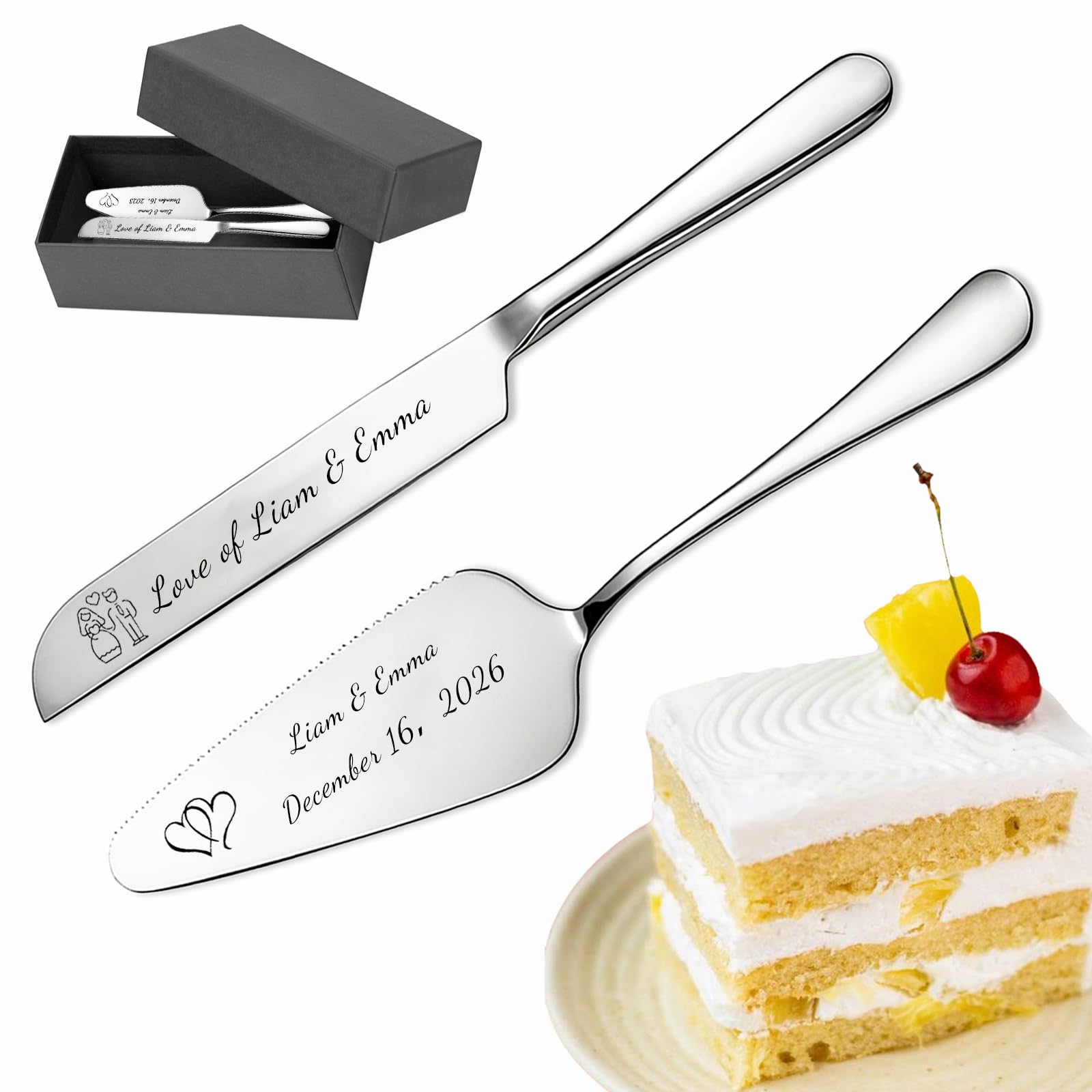 QSZ Personalized Wedding Cake Knife Set Engraved Stainless Steel Cake Server with Custom Text and Patterns Personalized Gift for Weddings Birthdays Christmas (Custom Wedding Cake Knife)