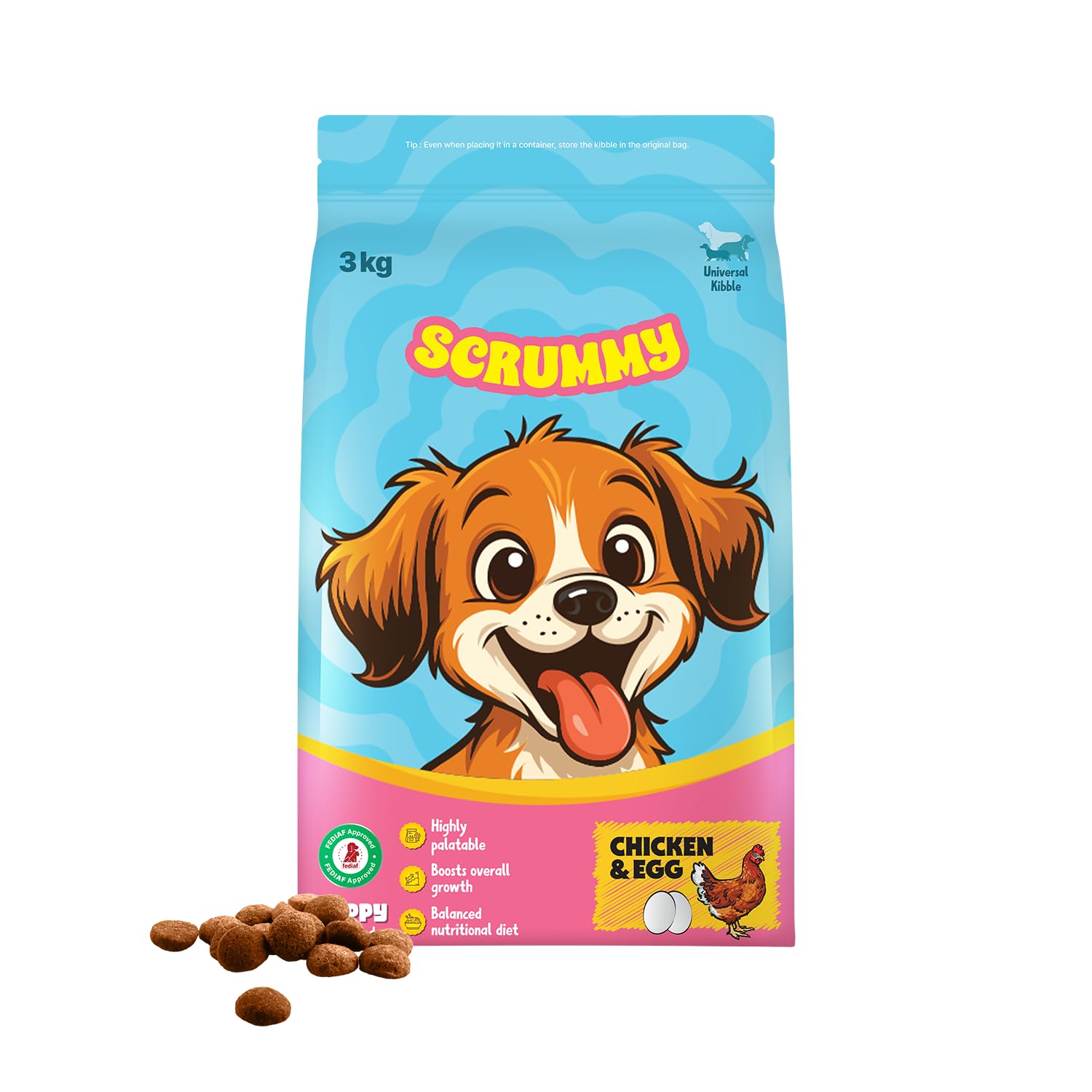 Scrummy Chicken & Eggs Dry Dog Food for Puppies (3kg) – High Protein, Gluten-Free, 100% Natural Ingredients, Balanced Nutrition with Salmon Oil & Vitamins, Tasty & Healthy Dry Kibble for All Breeds-image-0