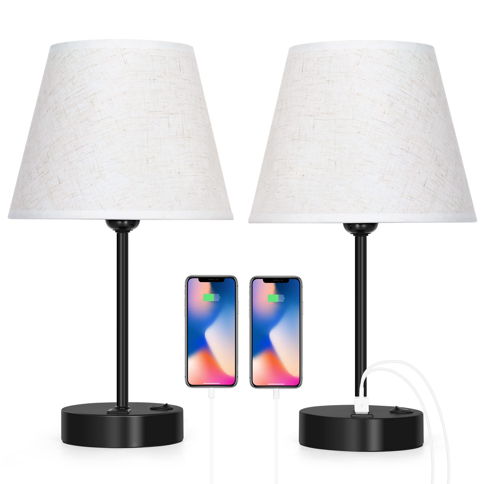LIANTRAL Set di 2 lampade da comodino con 2 porte USB, E27, lampada da tavolo moderna, Paralume in tessuto, base in metallo, lampada da tavolo per camera da letto, soggiorno, ufficio