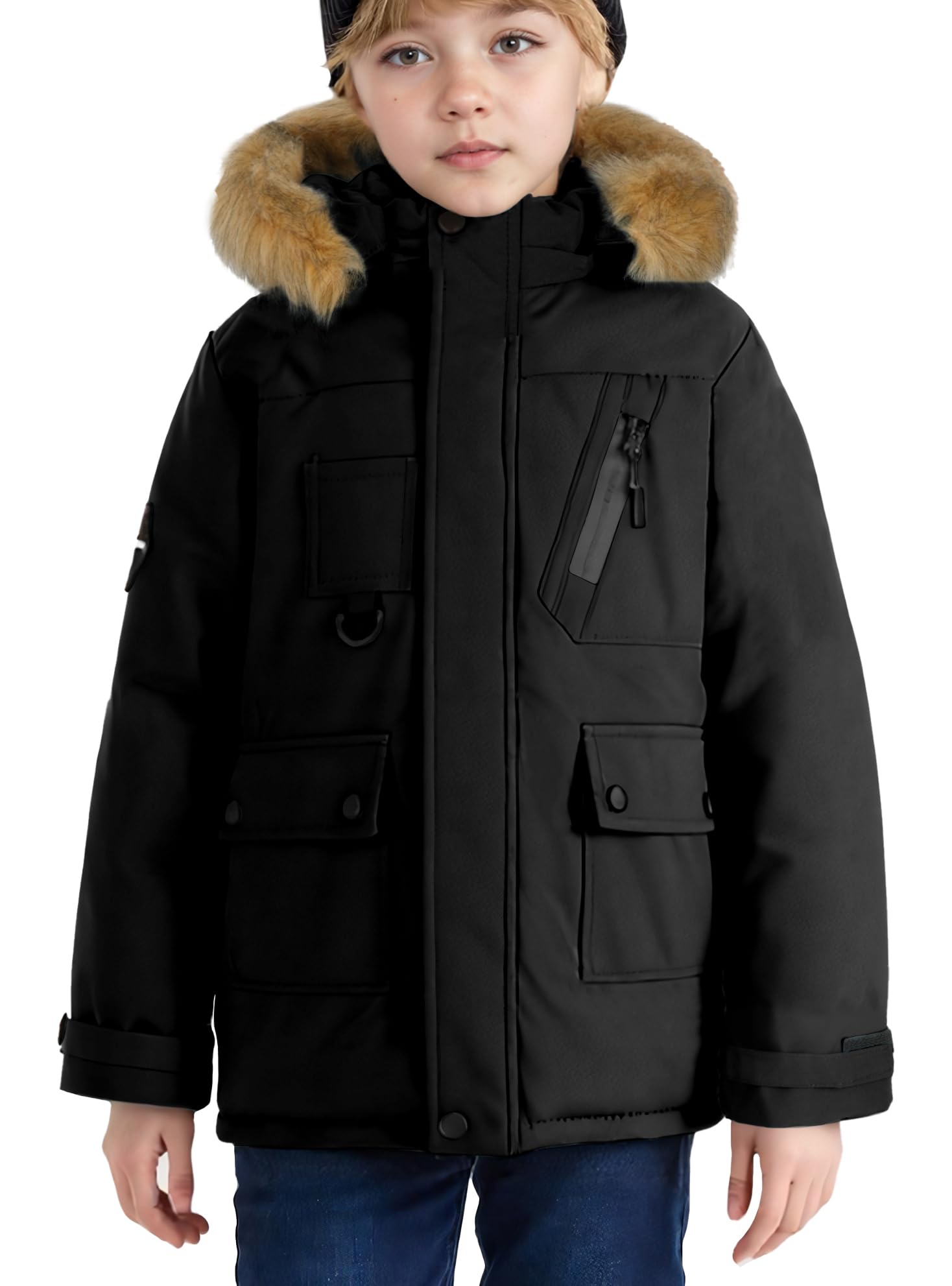 SEAUR Parka in tinta unita per bambini, con cappuccio, cappotto invernale comodo, spesso, antivento, abbigliamento per ragazzi, caldo, casual, 5-14 anni