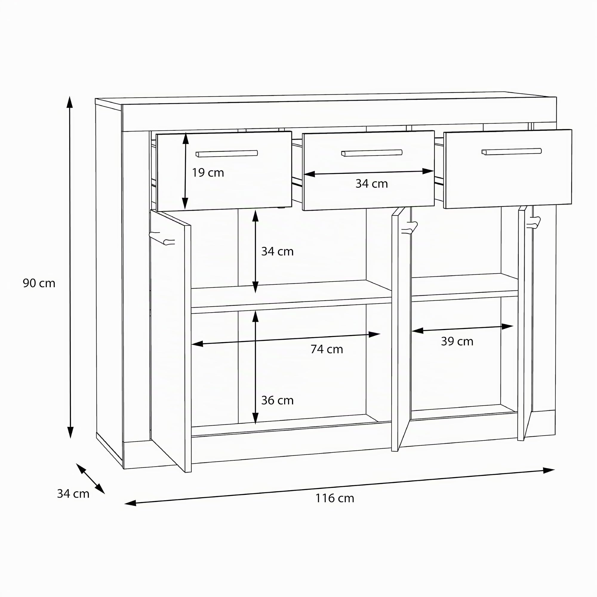 Forte BACCIO Kommode 110 120, Moderne Kommode für Wohn-/Schlafzimmer, 3-türig, 3 Schubladen, Holzwerkstoff, Artisan Eiche Holzdekor|Weiß, 117,9 cm breit x 91,5 cm hoch x 34 cm tief