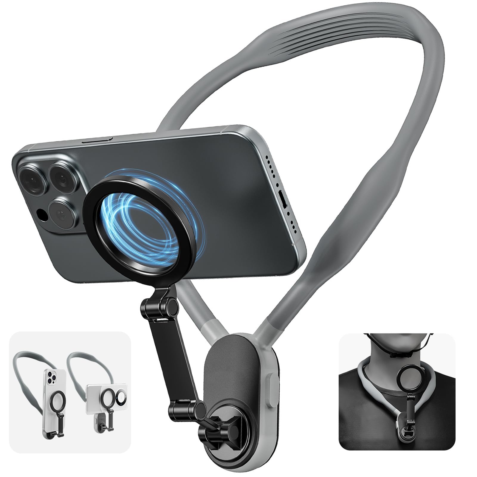 AuyKoo Magnetic Neck Mount, POV/Vlog Selfie Hand Free Neck Phone Holder, Magnetic Attraction Cell Phone Holder, Silicone Lazy Bracket Multi-angle for iPhone 15 14 13 12 and Android