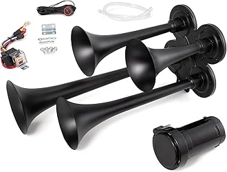 Truck Horn 150DB 4 Trumpet Train Horn Kit for Truck 12V Air Horn for Truck Super Loud Train Horns with Compressor for VehicleTrain Boat (black with air pump Wire harness and buttons, 12v)