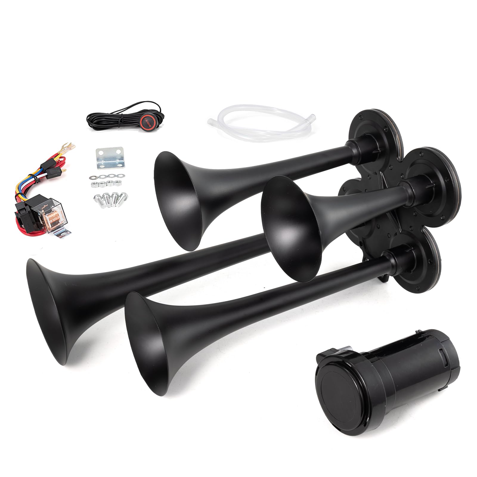 Truck Horn 150DB 4 Trumpet Train Horn Kit for Truck 12V Air Horn for Truck Super Loud Train Horns with Compressor for VehicleTrain Boat (black with air pump Wire harness and buttons, 12v)