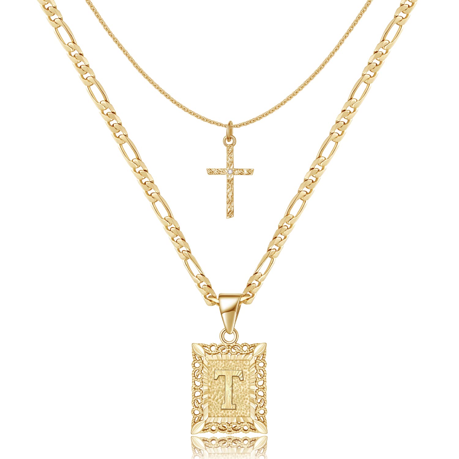 KELORIS PATH Gold Layered Initial Cross Necklace, 14K Gold Plated Layering Square Letter Pendant Figaro Chain Cross Choker from A-Z Capital Jewelry for Women Girls