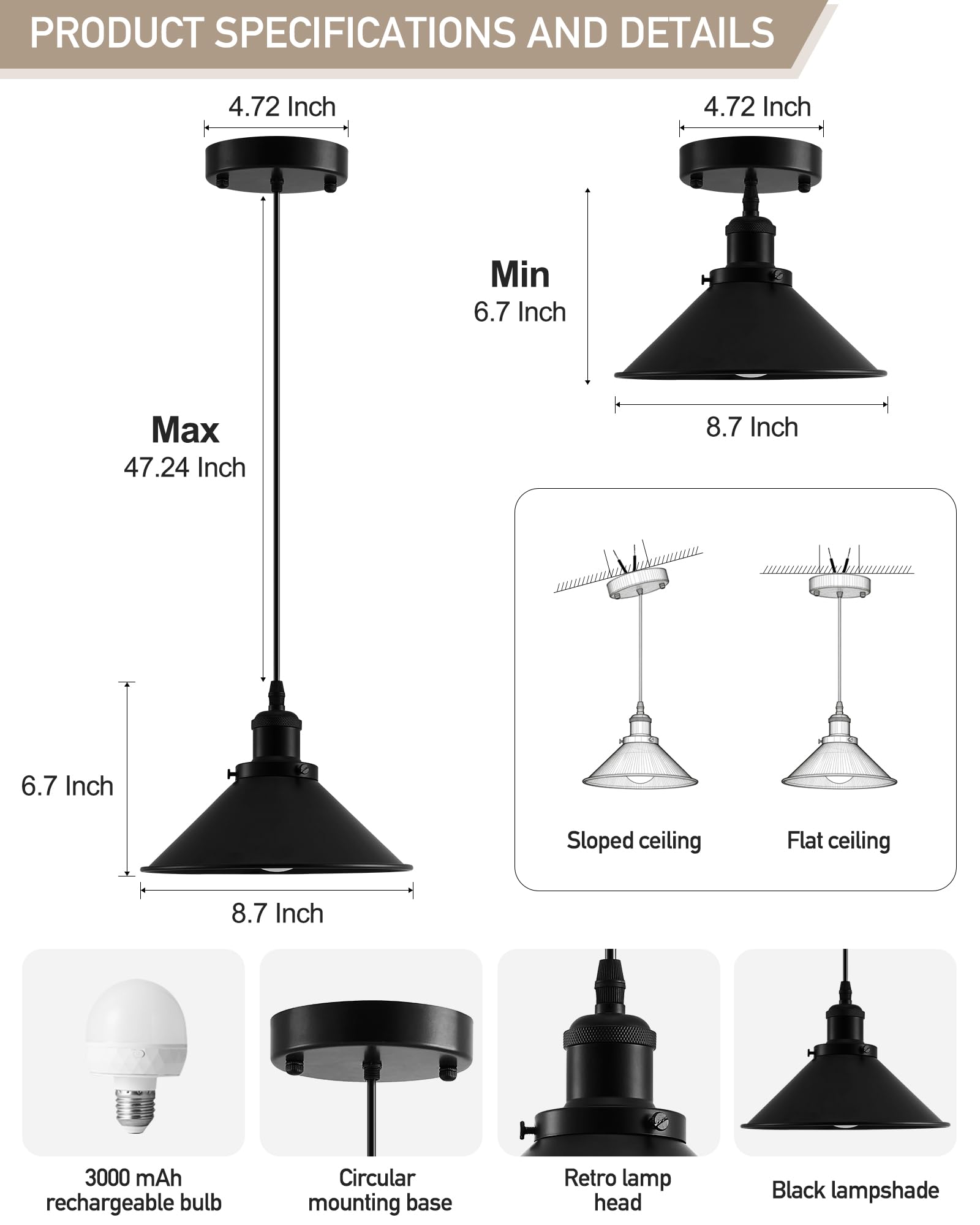 2-Pack Black Battery-Operated Pendant Lights – Rechargeable, Remote-Controlled, Dimmable, 15 Color Modes, Industrial Style For Kitchen Island & Dining Room