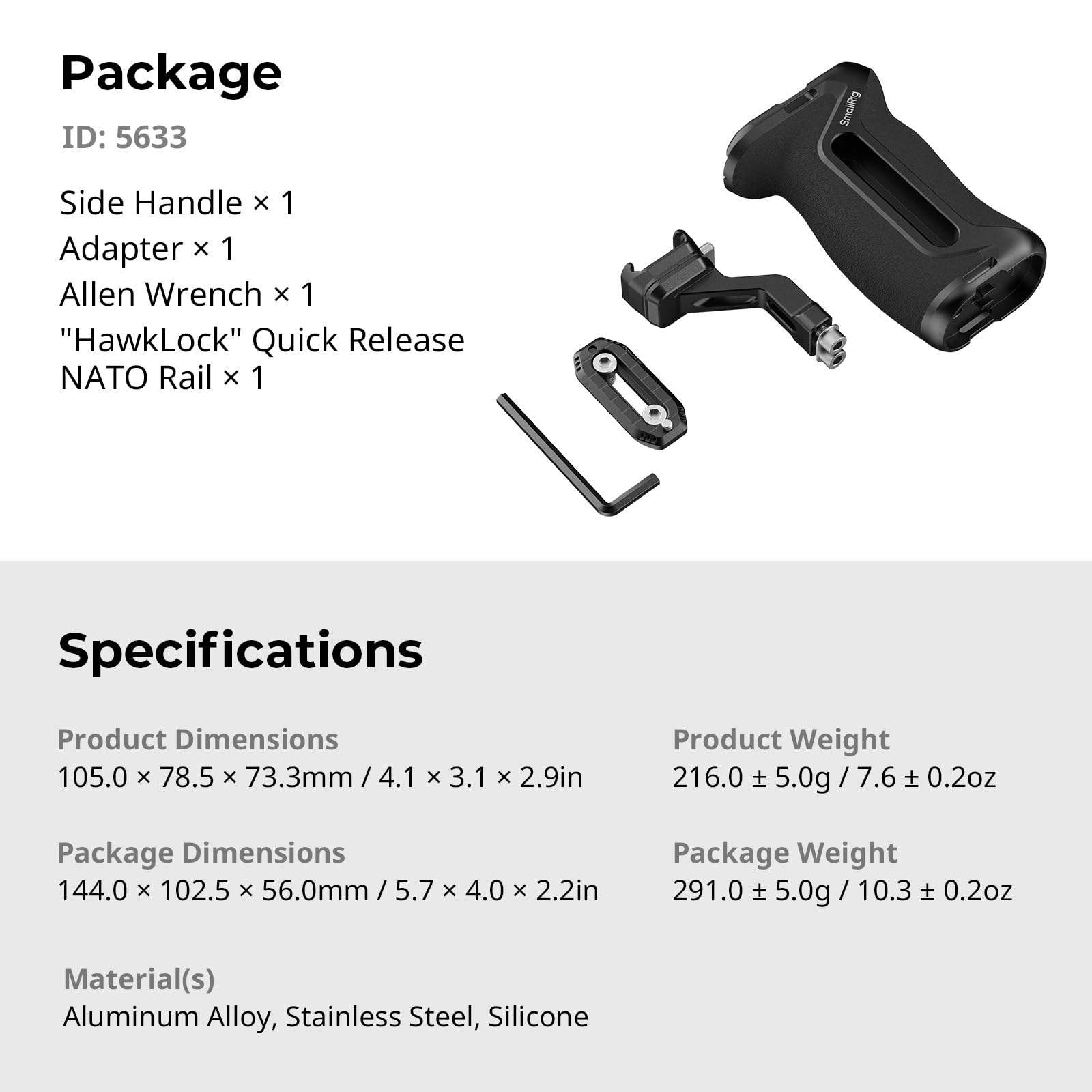 SMALLRIG HawkLock H21 QR - Maniglia laterale laterale con guida Nato, per mancini o destrorsi, regolabile in altezza, 36 mm/1,4 pollici, impugnatura ergonomica con slitta flash, fori filettati 1/4"-20
