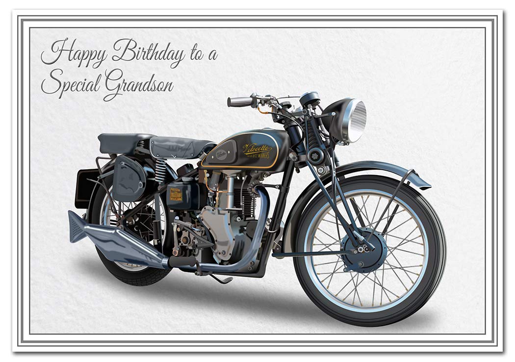 Birthday Card for Grandson - Classic Motorbike Biker - Special Unique Unusual - Cool Vector Art - Adult or Teenage Happy Bday - Best Good Wishes - 1940's Velocette MOV Quality Greeting - Made UK