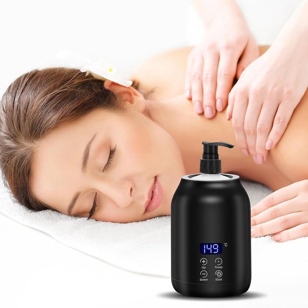 Scaldatore per Olio da Massaggio, Riscaldatore Digitale Elettrico per Olio da Massaggio con Due Flaconi di Olio, Erogatore Portatile Riscaldato per Lozione, Spina UE