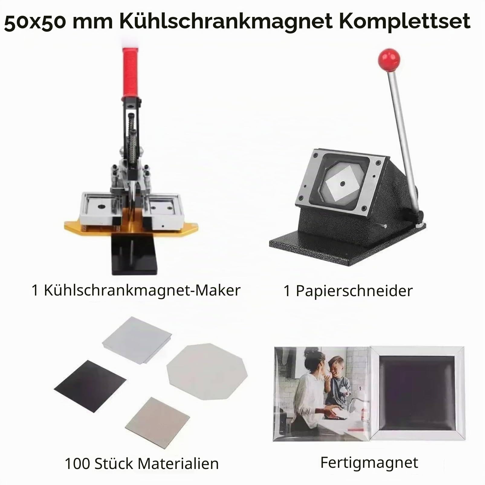 Fotomagnetmaschine, DIY Kühlschrankmagnete Pin Maker Maschine, mit 100 Sets Verbrauchsmaterialien + Papierschneidemaschine, Button Badge Maker
