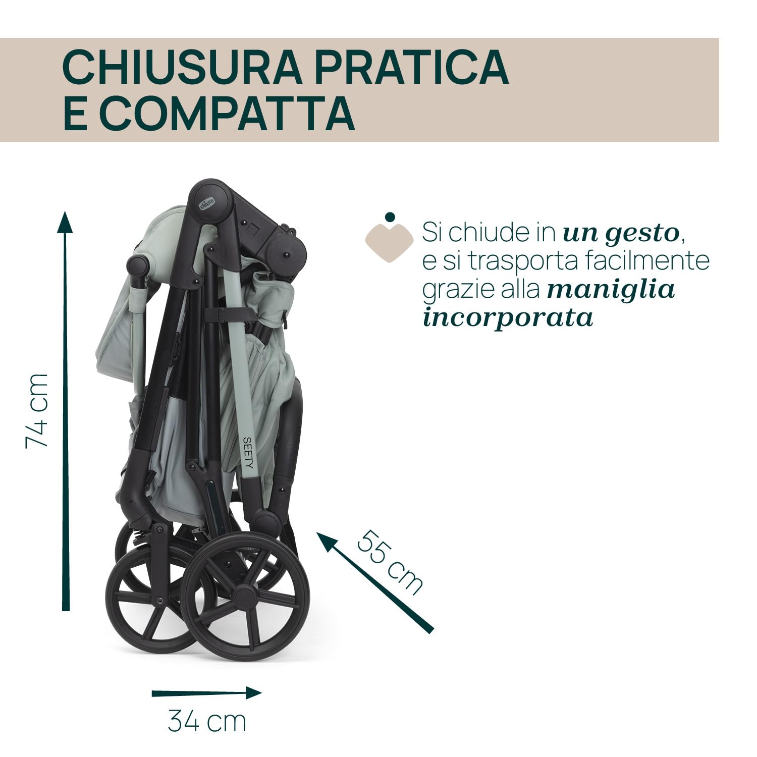 Chicco Passeggino Seety, Passeggino Leggero e Compatto Da 0 Mesi a 4 Anni, Portata Max 22kg, Passeggino Pieghevole, Schienale Reclinable,Chiusura Automatica in 1 Gesto, Capotte Parasole e Parapioggia