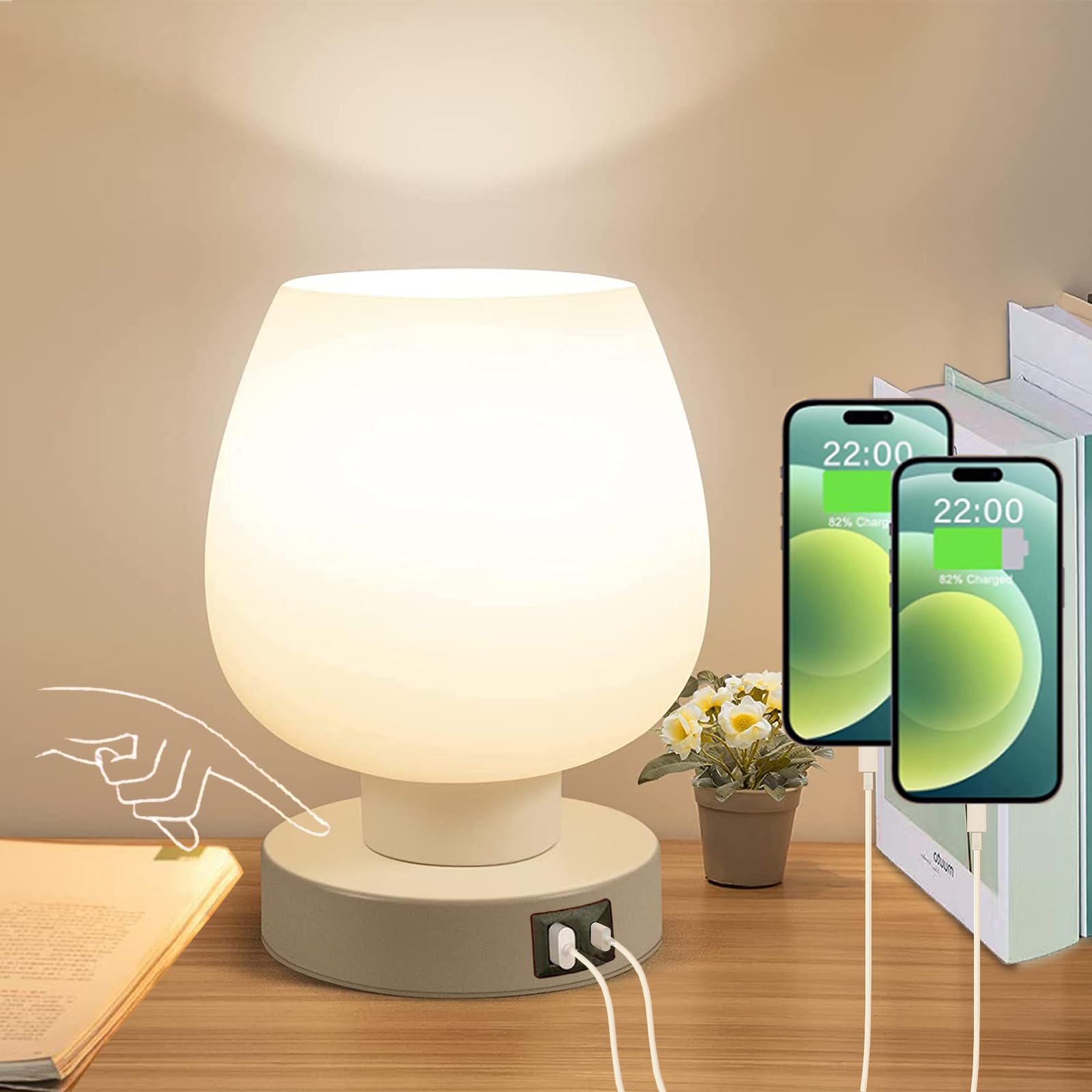 Aozebre Touch Bedside Table Lamp with 2 USB Charging Ports, 3 Way Dimmable Bedside Lamp with White Opal Glass Lamp Shade, Touch Table Lamp for Bedroom Nightstand, Living Room, Dorm, Home Office