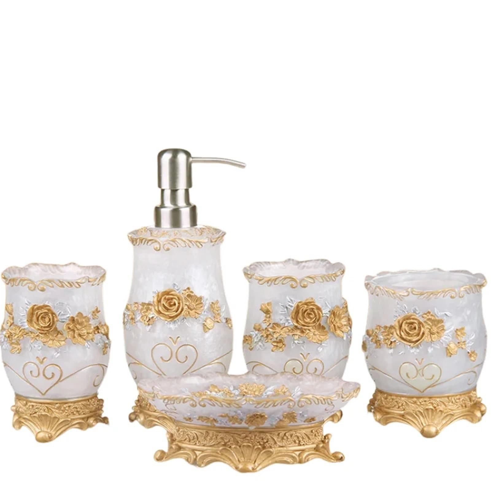 Soap Dispenser Resin Household Bathroom Set Soap Dispenser Tooth Brush Holder Cup Dish Tray Toilet Wastebin Storage(White)