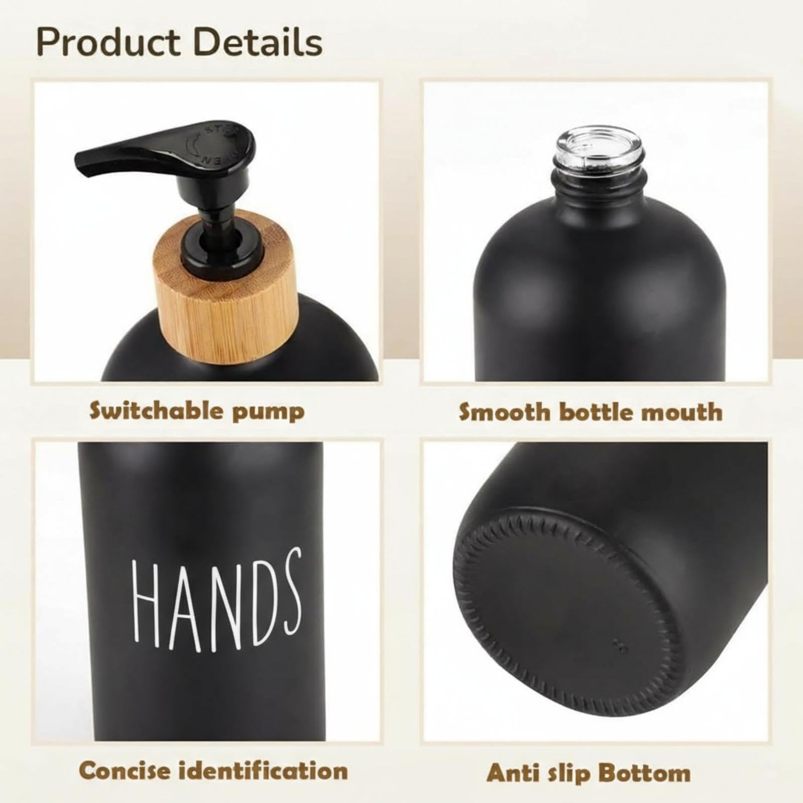 Set dispenser di sapone in vetro, 2 bottiglie marroni con pompa e vassoio in bambù, per cucina e bagno (Nero)