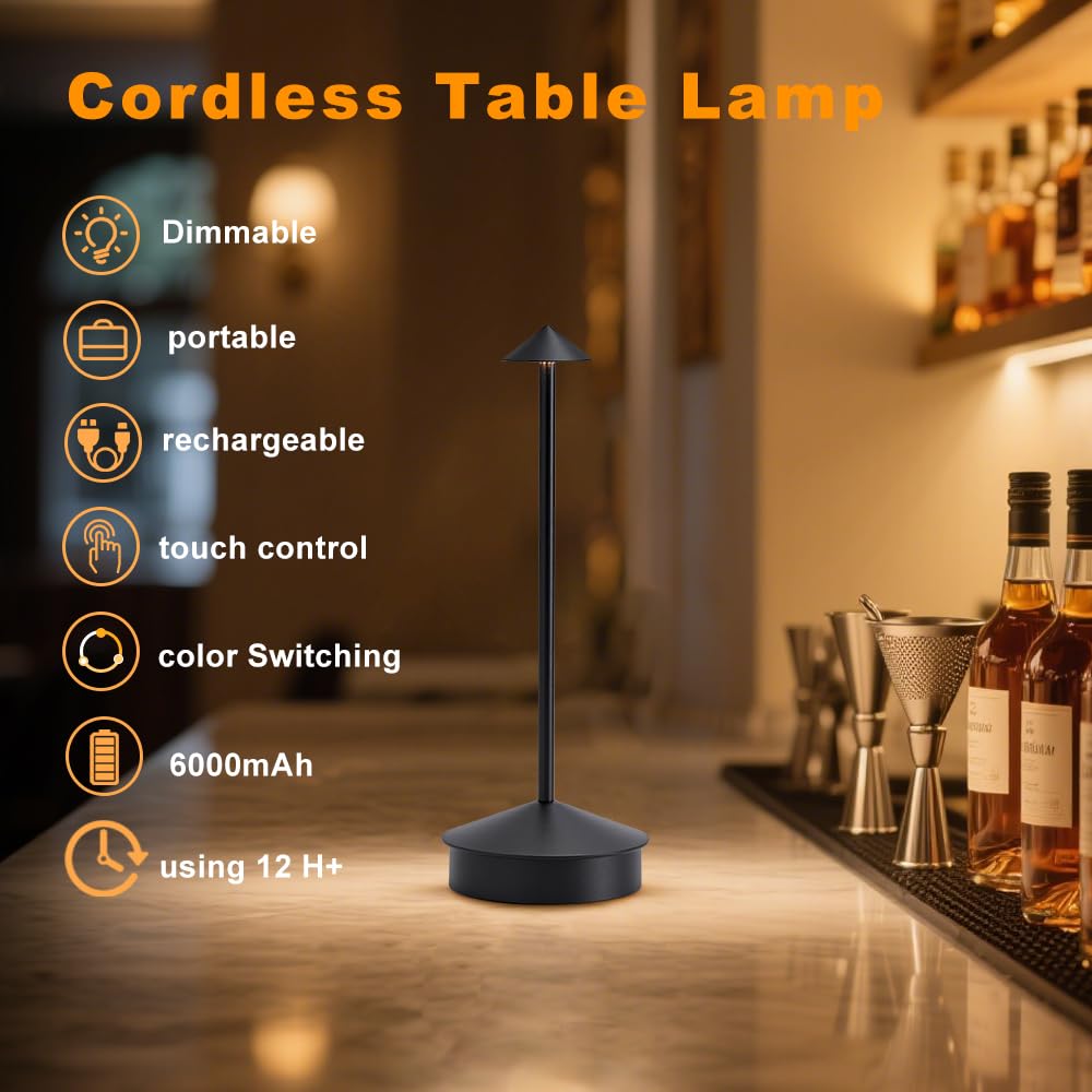 EJQ Kabellose LED-Tischlampen, tragbar, 6000 mAh, wiederaufladbare Tischlampen, Touch-Steuerung, Outdoor-Tischlampen, 3 Farben, dimmbar, für Restaurant, Terrasse, Schlafzimmer, 2 Stück