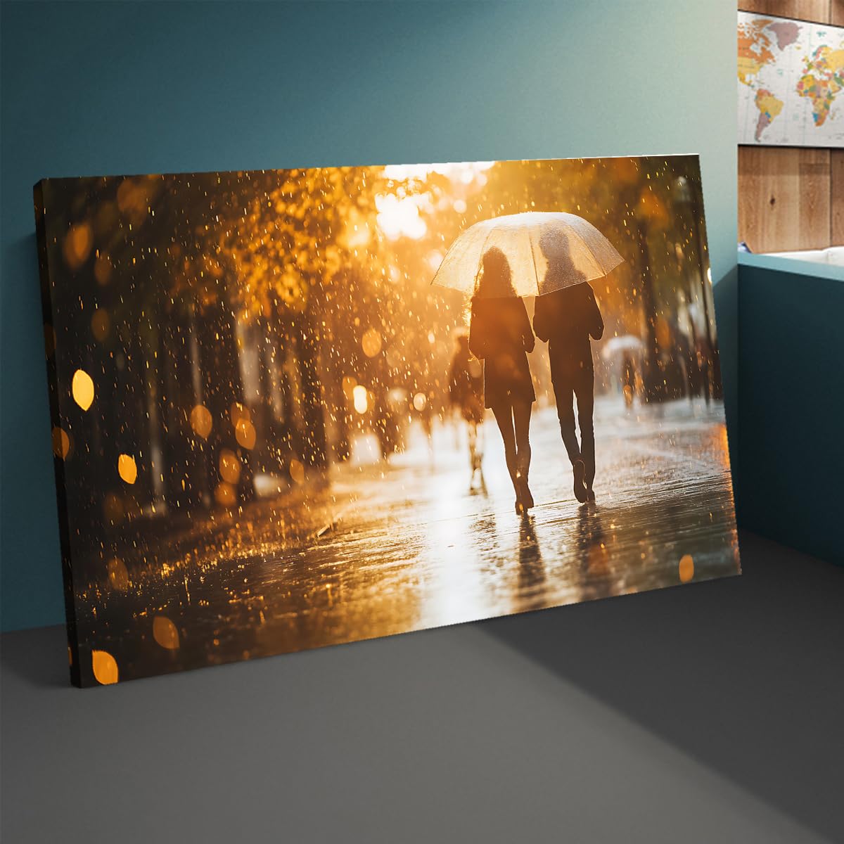 YUNART Jesienne rozciągnięte płótno ścienne do sypialni Romantyczna para spacerująca w deszczu Grafika do salonu Sypialnia dom gotowy do powieszenia 70 x 120 cm Rama wewnętrzna