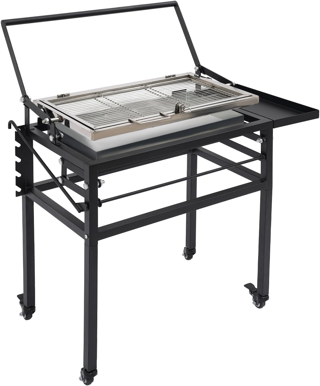 360° Rotating Charcoal Grill with Cart & Wheels, Charcoal Flip Grill for BBQ, Heavy Duty Square Outdoor Detachable Portable Grill for Camping, Picnic, Patio & Backyard Parties