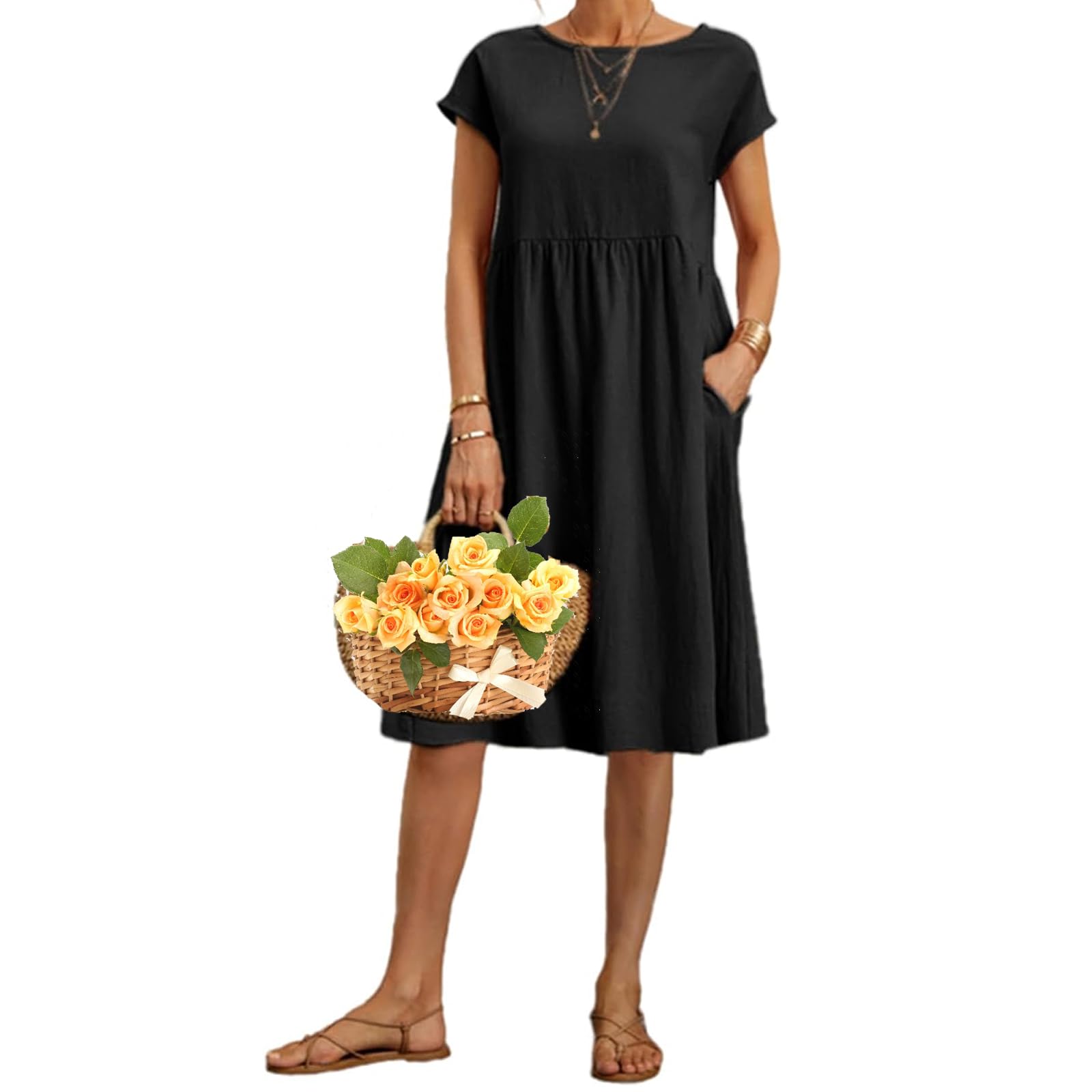 LTHTX Vestidos de lino para mujer, vestido de verano casual de manga corta con bolsillos, talla grande, cuello redondo para mujer