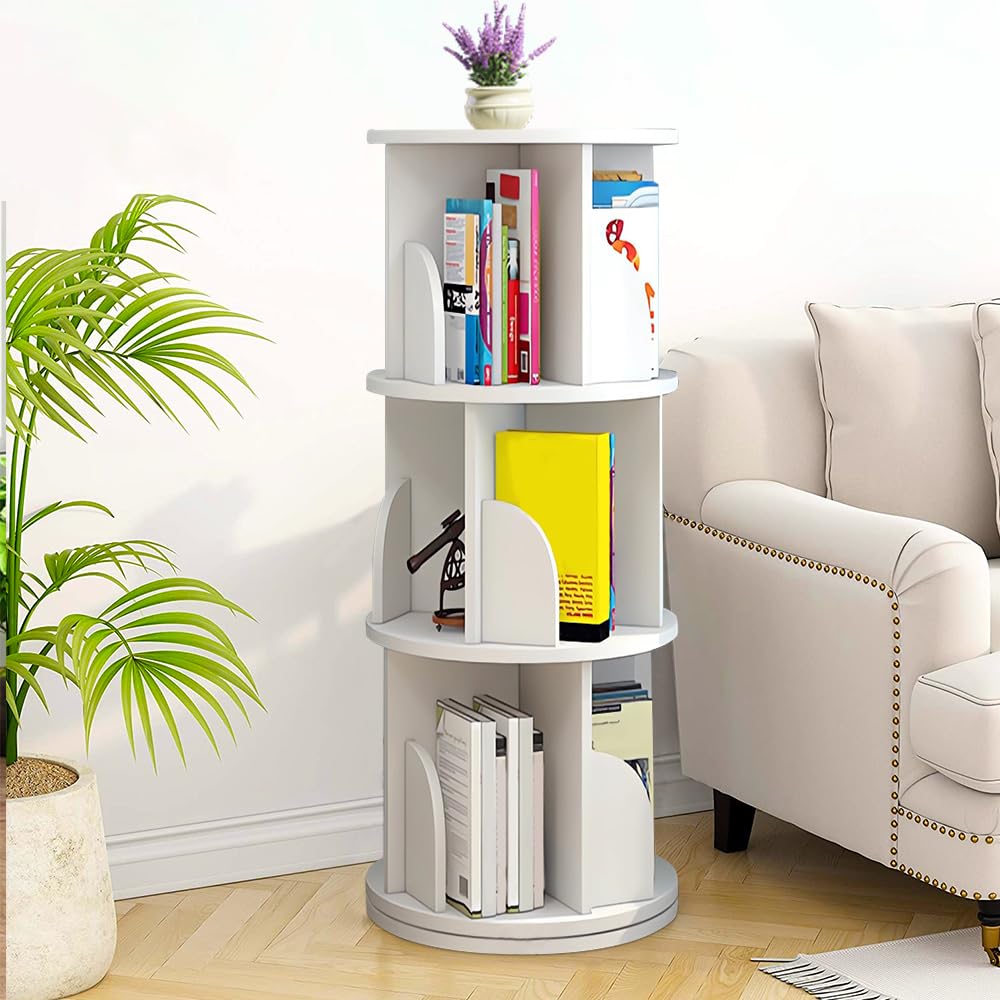Bibliothèque pour Enfants,Étagère Pivotante à 3 Niveaux pour Livres et Jouets, Étagère à Livres pour Enfants, Étagère de Rangement Autoportante, pour Chambre d'enfants,Ronde (Blanc-40*40*97cm)