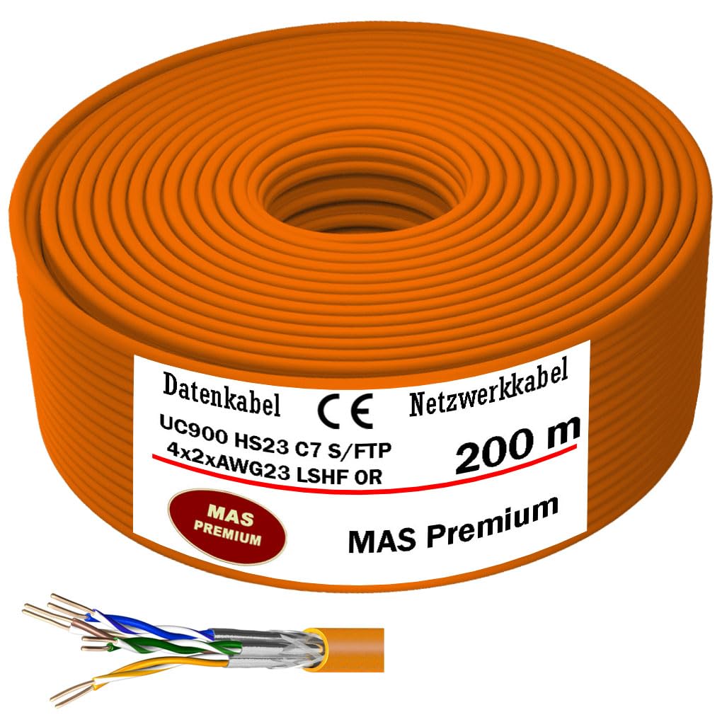 MAS Premium Câble de données de 10 m à 500 m - Câble réseau UC900 HS23 CAT 7 4P LSHF ECA S/FTP 4X2XAWG23 - Sans halogène - 200 m