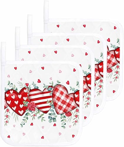 4 Packs Valentine's Retro Love Pot Holders Sets for Kitchen,Oven Pan Plate Bowl Pads Heat Proof Mat with Hanging Loop,Terry Cloth Potholders Soft