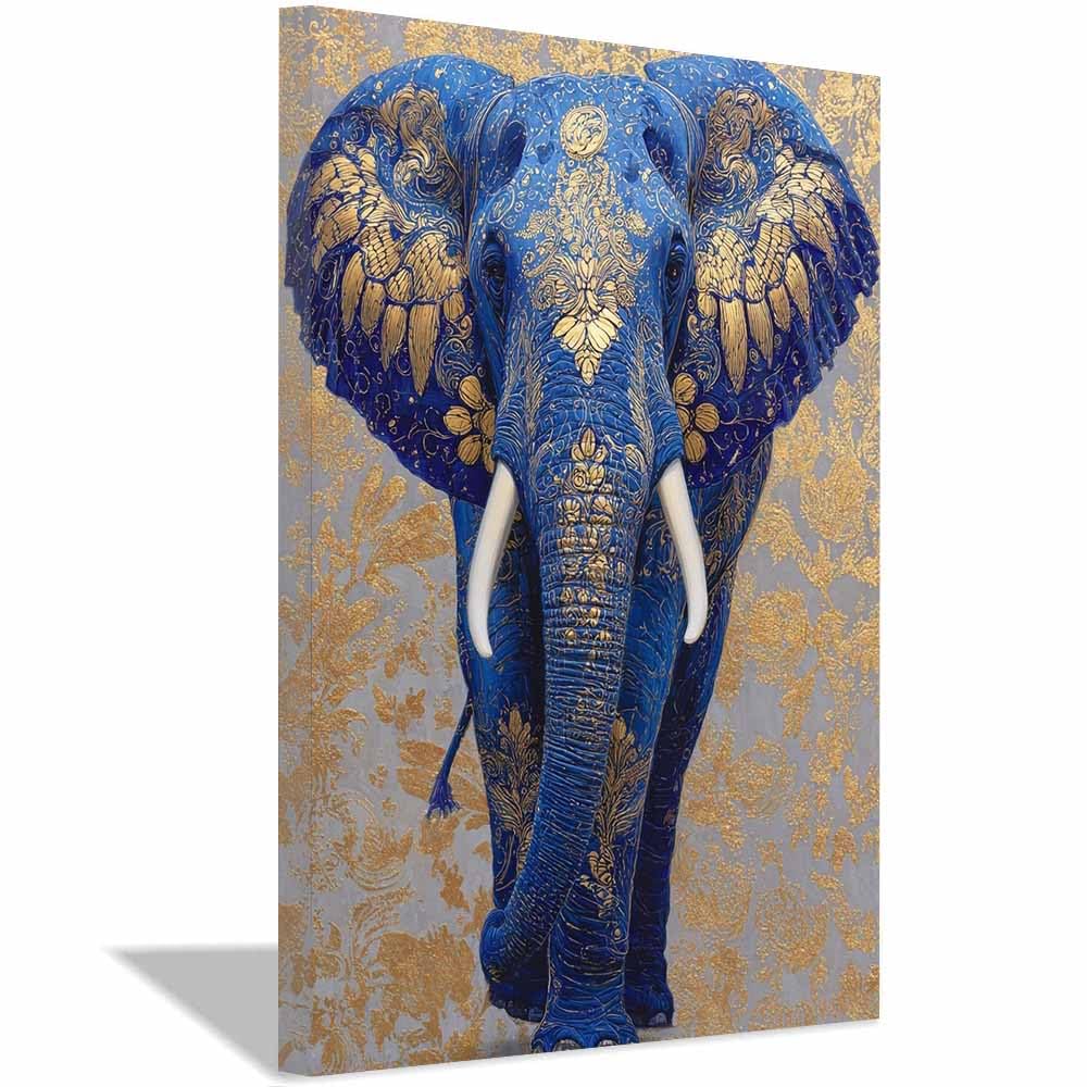 QUSAAOU Animal Canvas Painting niebieski i złoty, dekoracyjny słoń, obraz na płótnie, obraz ścienny, do salonu, sypialni, salonu, nowoczesny druk artystyczny (królewski błękit, 60 x 90 cm, 1 oprawiony