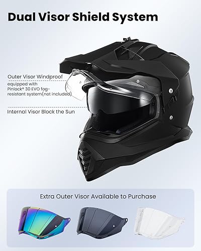 Miniatura 3 de ILM Casco de motocicleta Dual Sport Adventure con visera solar compatible con Pinlock, moto de nieve, ATV Dirt Bike Off Road, modelo WS902 (negro