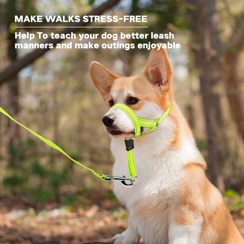 Collar de cabeza de perro sin tirones, collar reflectante para perros, collar acolchado para evitar tirones pesados, correa antitirones (verde, grande (hocico de 7.9 a 17.3 pulgadas)