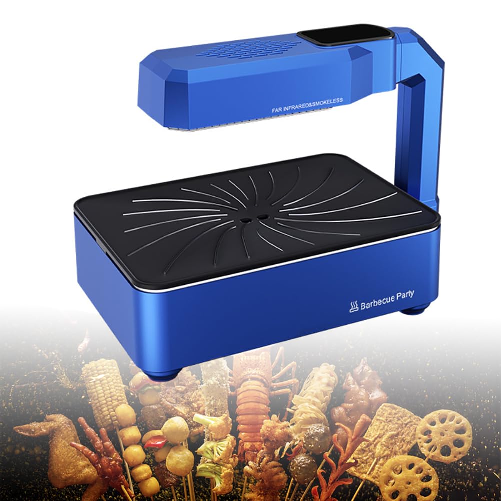 Grill elektryczny bezdymny 1100 W, grill wewnętrzny z regulacją temperatury i timerem, powłoka nieprzywierająca Zdejmowane płyty grillowe z gniazdem olejowym, do mięs Warzywa Ryby blue