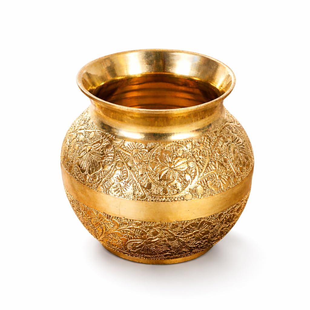 Mkd2 Rise Pure Brass Lota for Puja, Brass Kalash for Pooja (200 ml, 1 Piece) Handcrafted Floral Design Brass Vessel for Home Temple, Jal Arpan, Festivals, Wedding & Religious Rituals 4